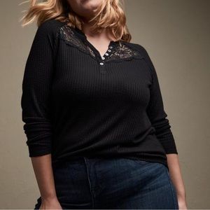 Waffle Henley Lace Inset Long Sleeve Tee